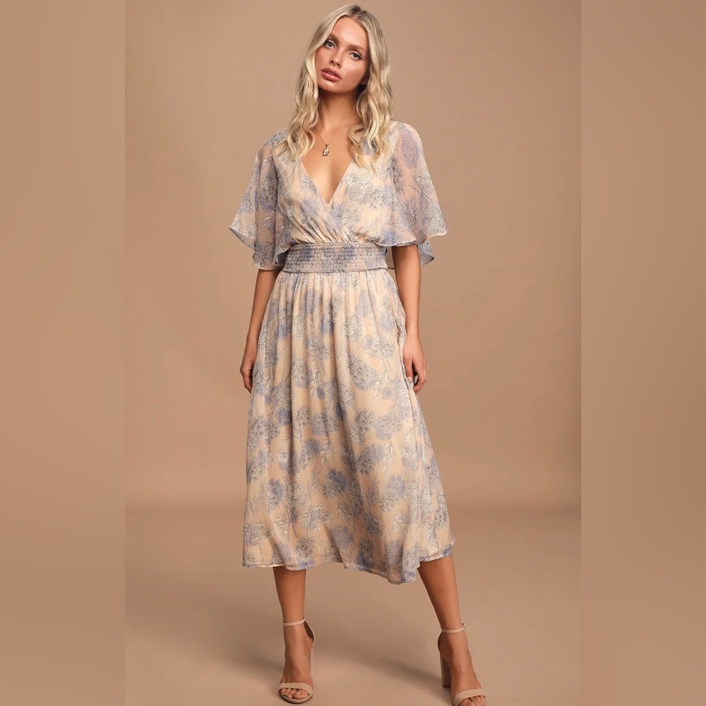 Subtle Romance Beige Floral Print Ruffled Midi Dress